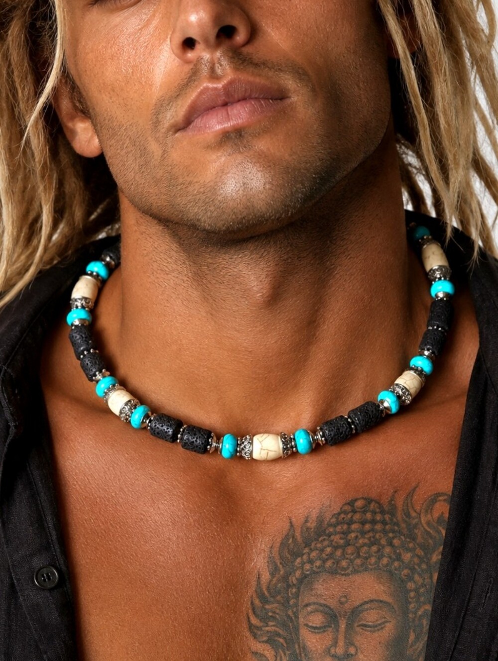 Designer Men's Jewelry Necklace Surf Choker Natural Lava Stones